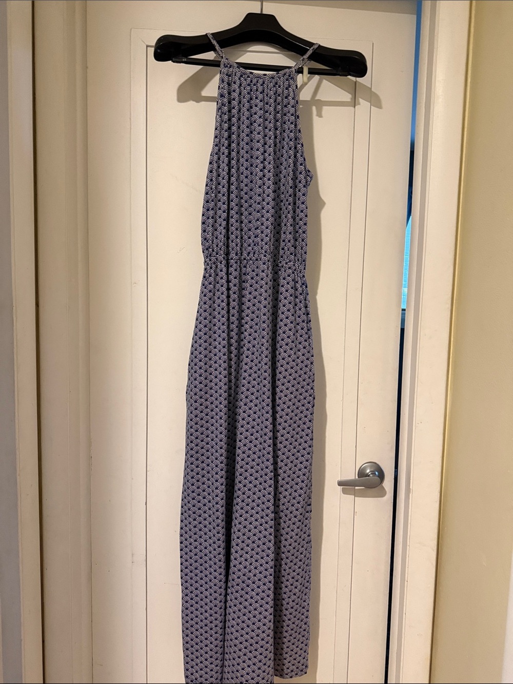 Sleeveless Blue Patterned Halter dress.